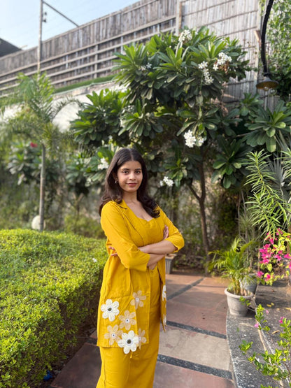 Mustard Floral Co-Ord Set With Embroidery Jacket