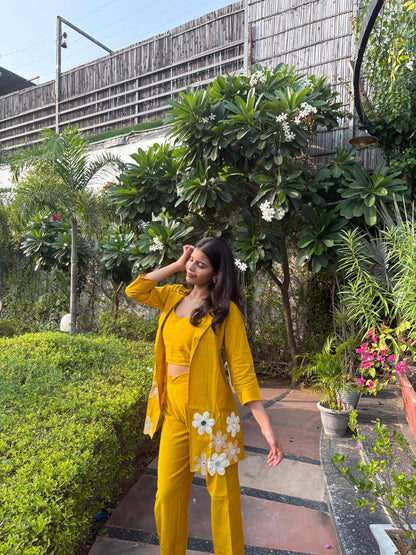 Mustard Floral Co-Ord Set With Embroidery Jacket