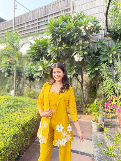 Mustard Floral Co-Ord Set With Embroidery Jacket