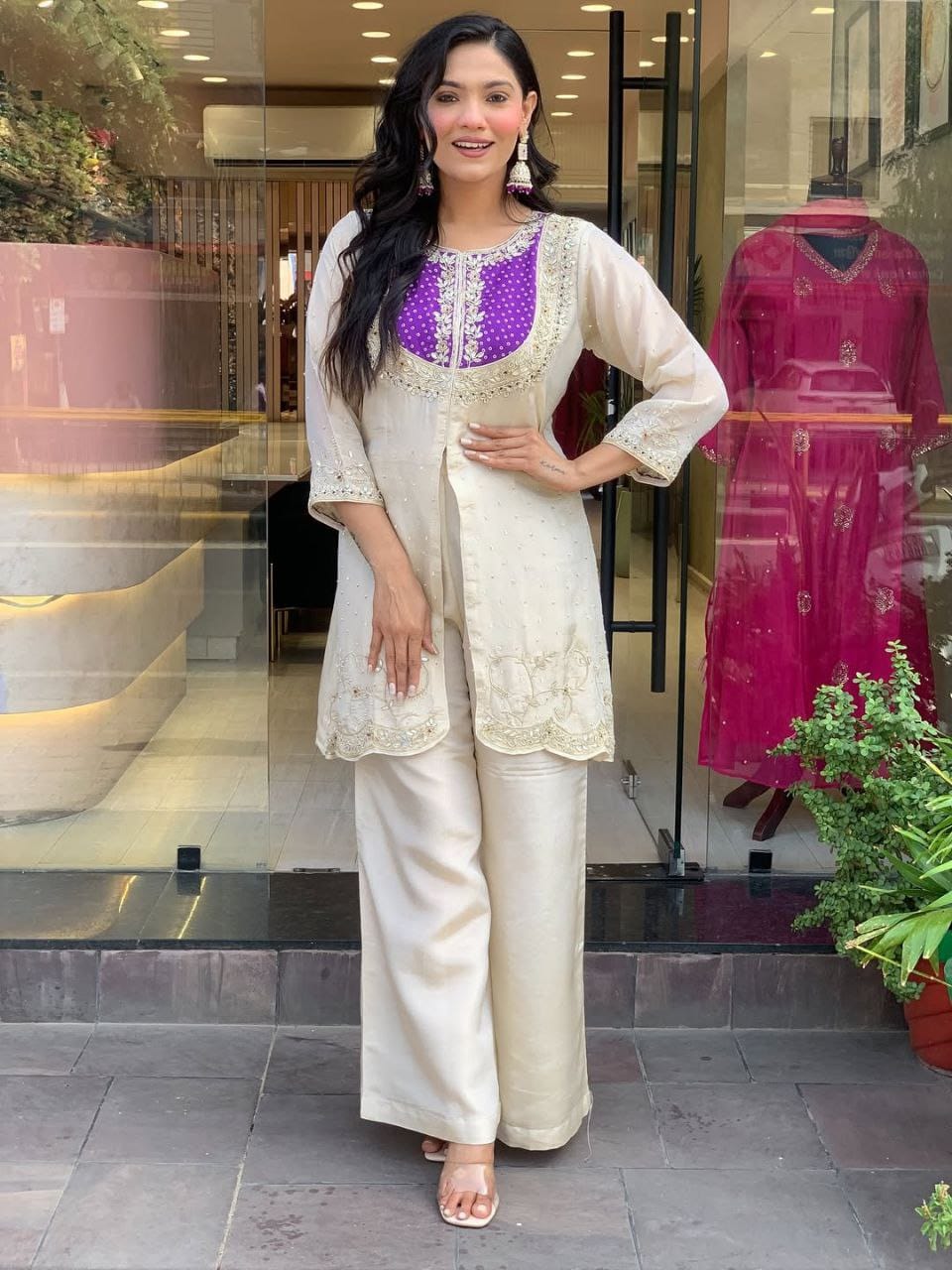 Heavy Roman With Heavy Embroidery Coding Work Co-Ord Set