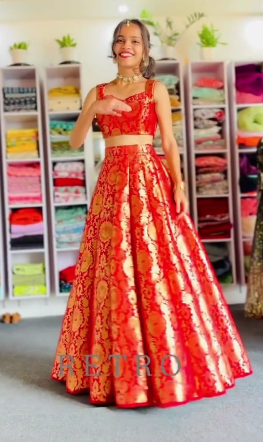 Red & Gold Brocade Crop Top with High-Waisted Flared Lehenga