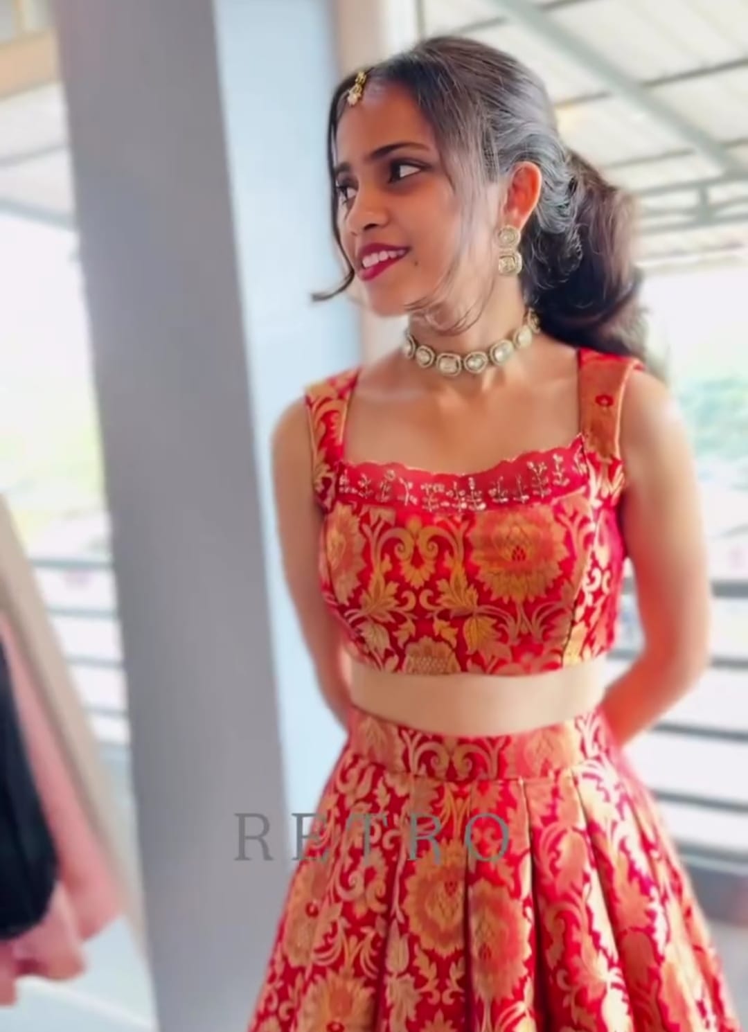 Red & Gold Brocade Crop Top with High-Waisted Flared Lehenga
