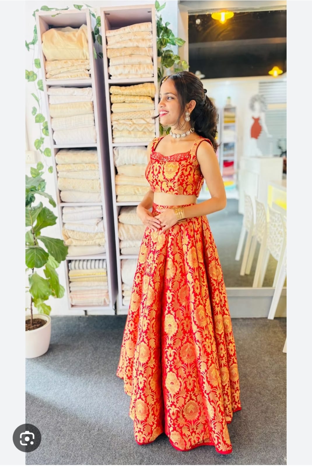 Red & Gold Brocade Crop Top with High-Waisted Flared Lehenga