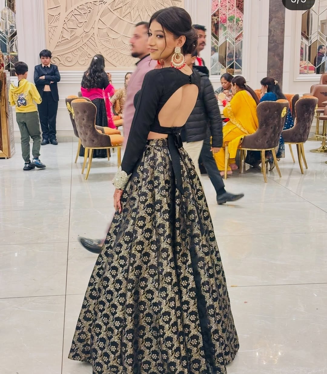 Black Banarasi Brocade Lehnga with Long Sleeve Crop Top & Zari Work