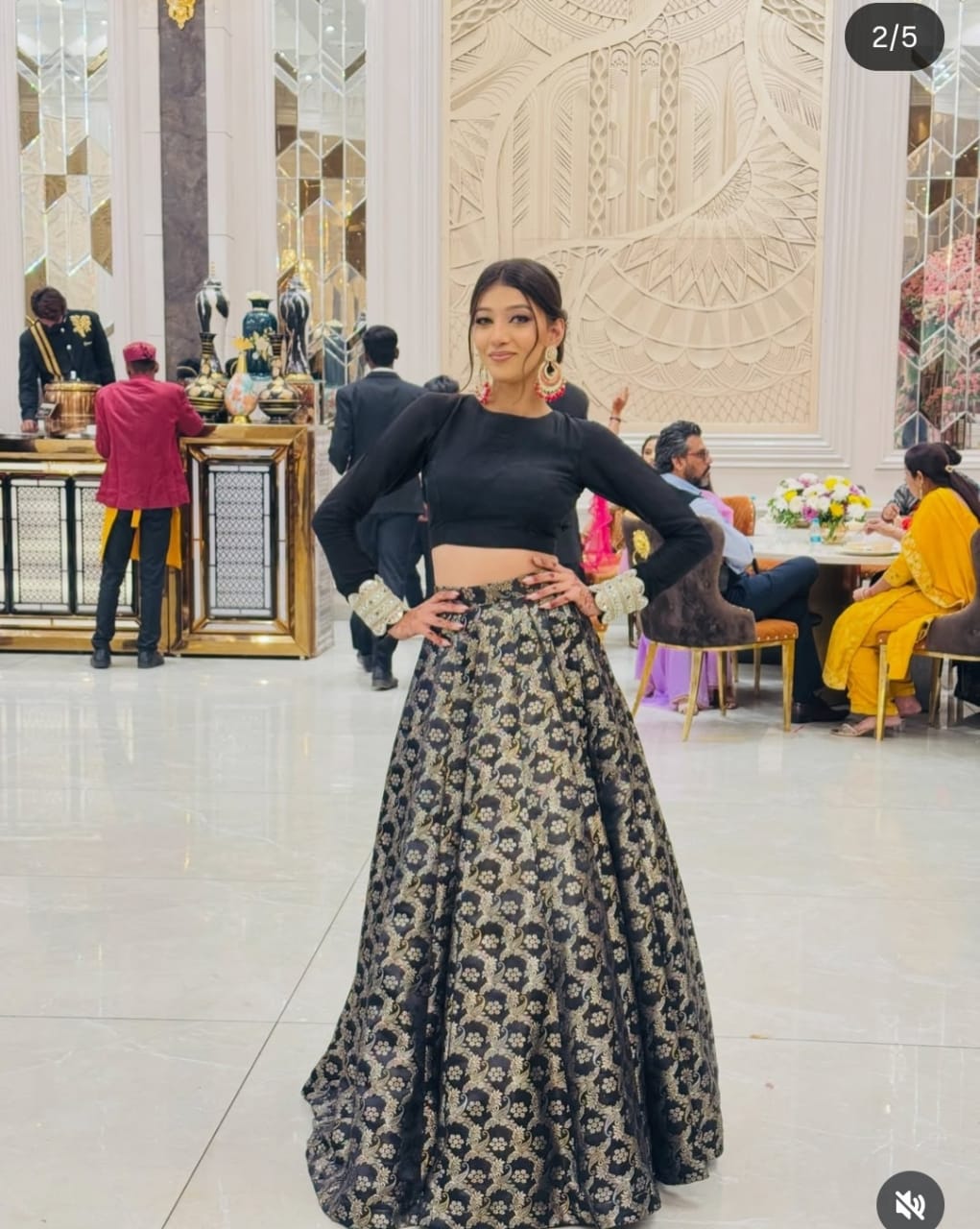 Black Banarasi Brocade Lehnga with Long Sleeve Crop Top & Zari Work