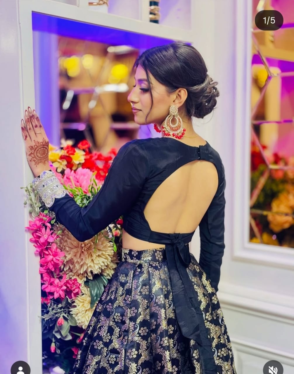 Black Banarasi Brocade Lehnga with Long Sleeve Crop Top & Zari Work