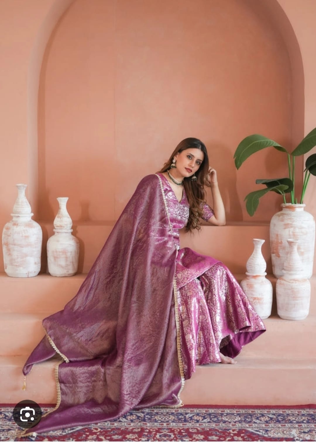 Royal Magenta Brocade Kurta & Flared Sharara with Striped Dupatta