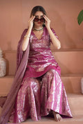 Royal Magenta Brocade Kurta & Flared Sharara with Striped Dupatta