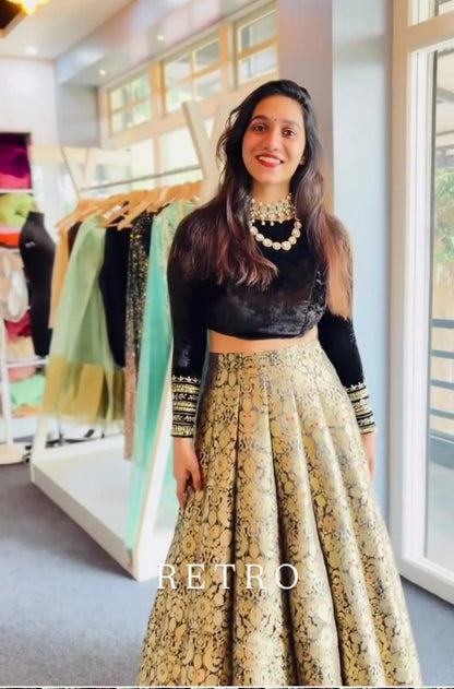 Midnight Black Velvet & Golden Brocade Lehenga Set