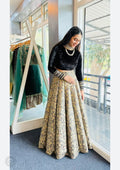 Midnight Black Velvet & Golden Brocade Lehenga Set