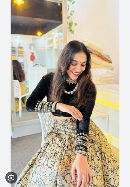 Midnight Black Velvet & Golden Brocade Lehenga Set