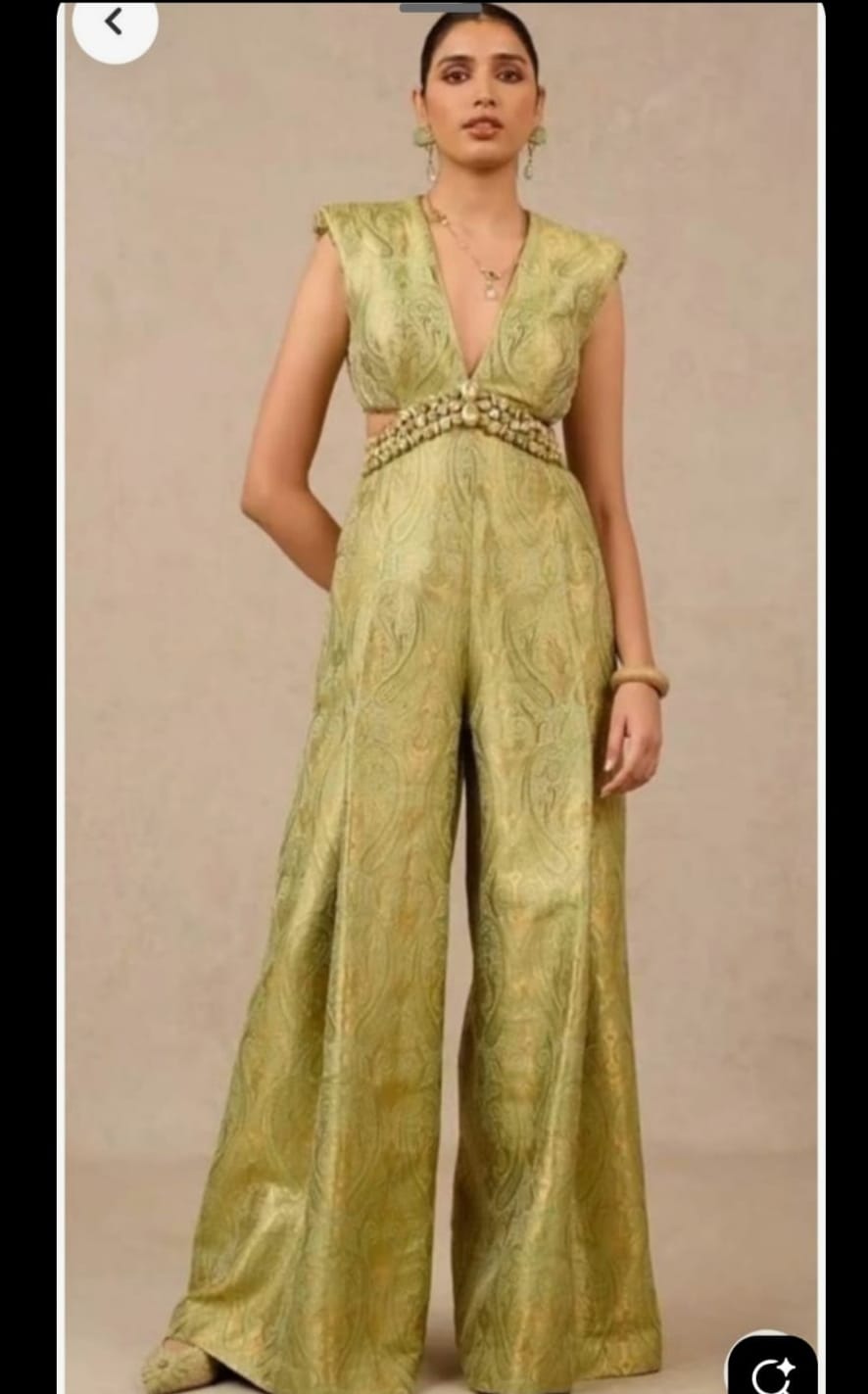 Olive Green Brocade Cut-Out Jumpsuit with Embellished Waist