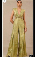 Olive Green Brocade Cut-Out Jumpsuit with Embellished Waist