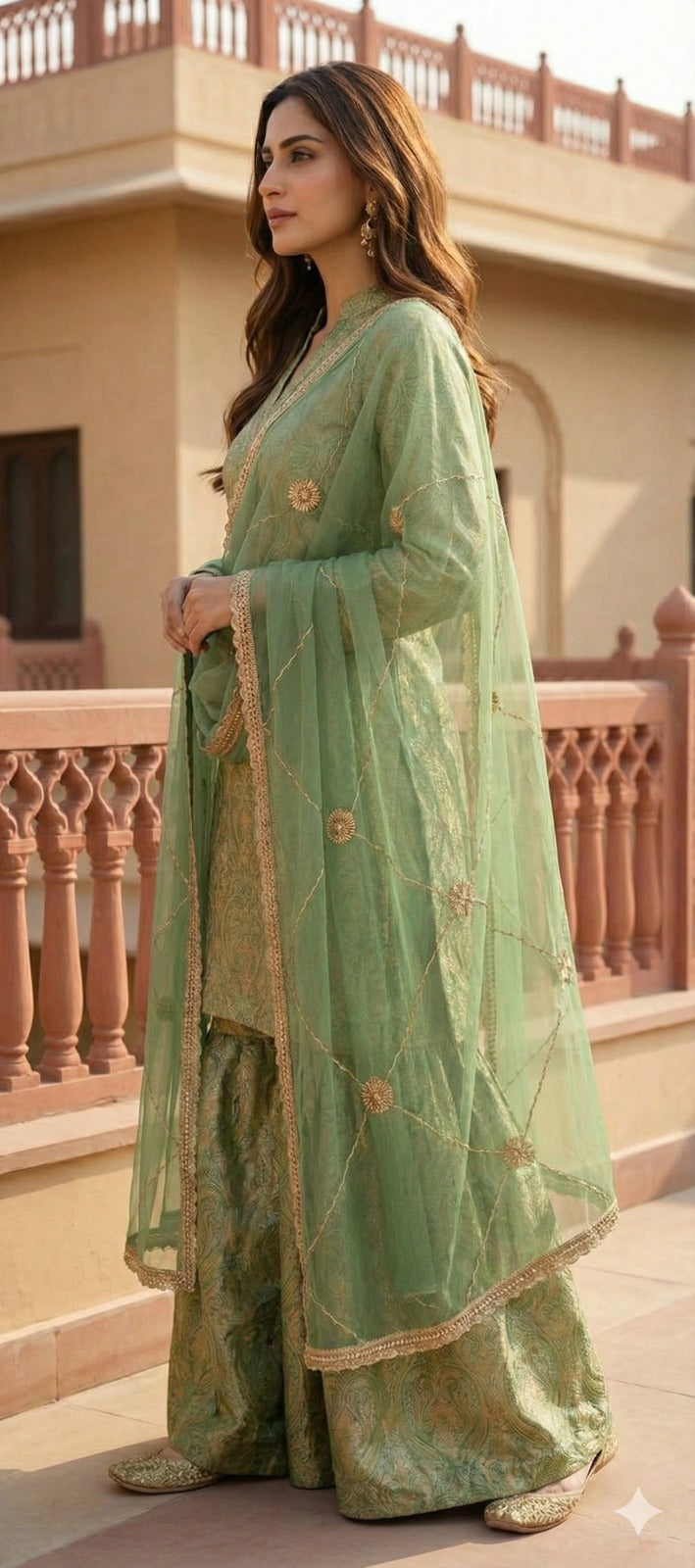 Elegant Pista Green Brocade Kurti and Sharara Set with Scalloped Dupatta