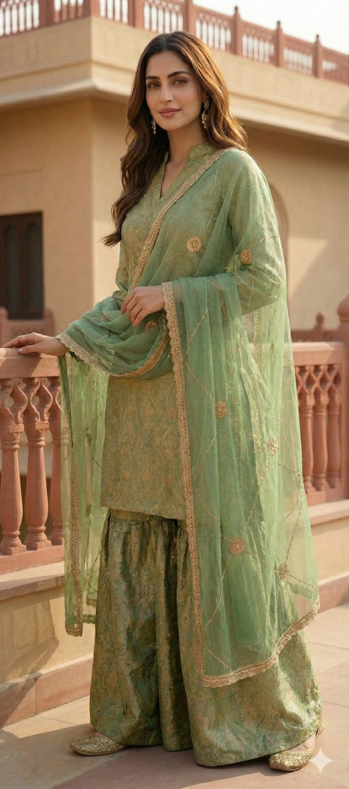 Elegant Pista Green Brocade Kurti and Sharara Set with Scalloped Dupatta