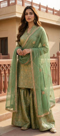 Elegant Pista Green Brocade Kurti and Sharara Set with Scalloped Dupatta