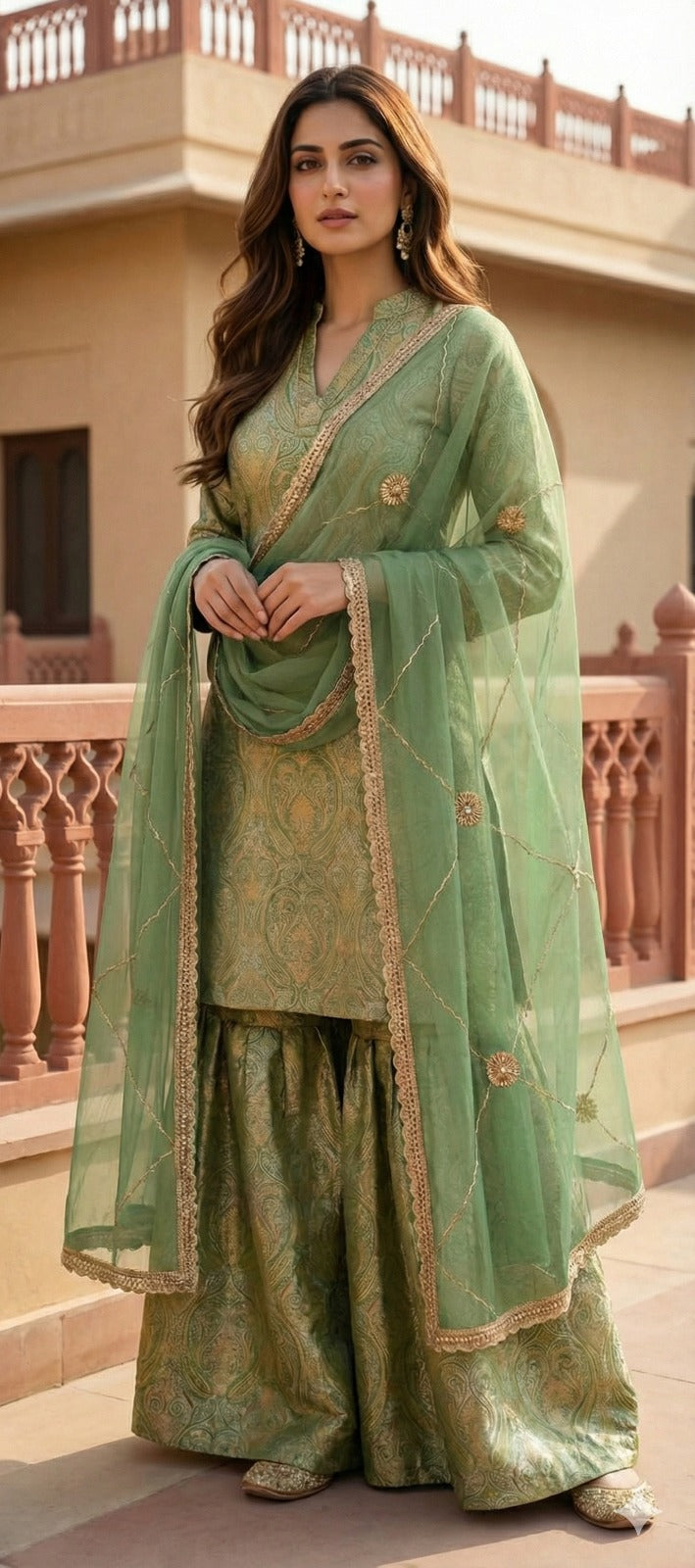 Elegant Pista Green Brocade Kurti and Sharara Set with Scalloped Dupatta