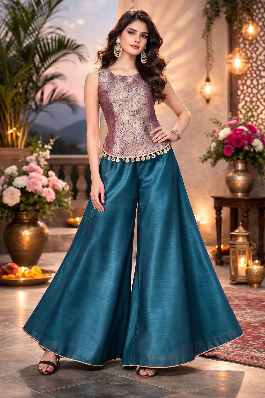 Regal  Flared Palazzo Set with Pure Brocade  Top