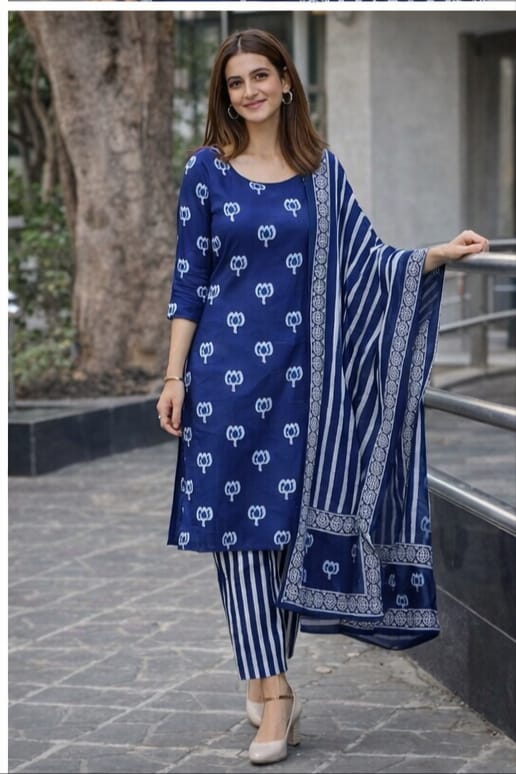 Indigo Lotus Hand-Block Printed Straight Kurta Set