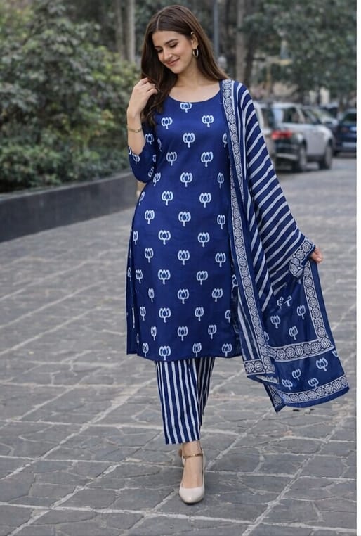 Indigo Lotus Hand-Block Printed Straight Kurta Set