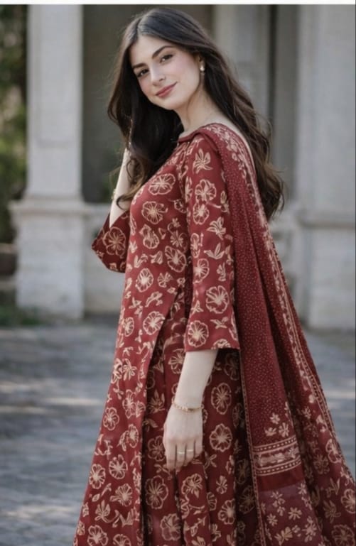 Rustic Maroon Floral Hand-Block Silk-Cotton Suite