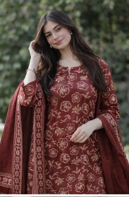 Rustic Maroon Floral Hand-Block Silk-Cotton Suite