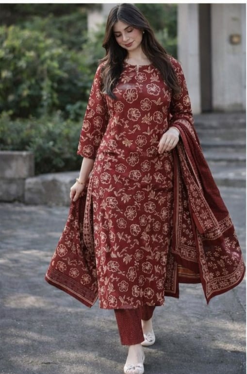 Rustic Maroon Floral Hand-Block Silk-Cotton Suite