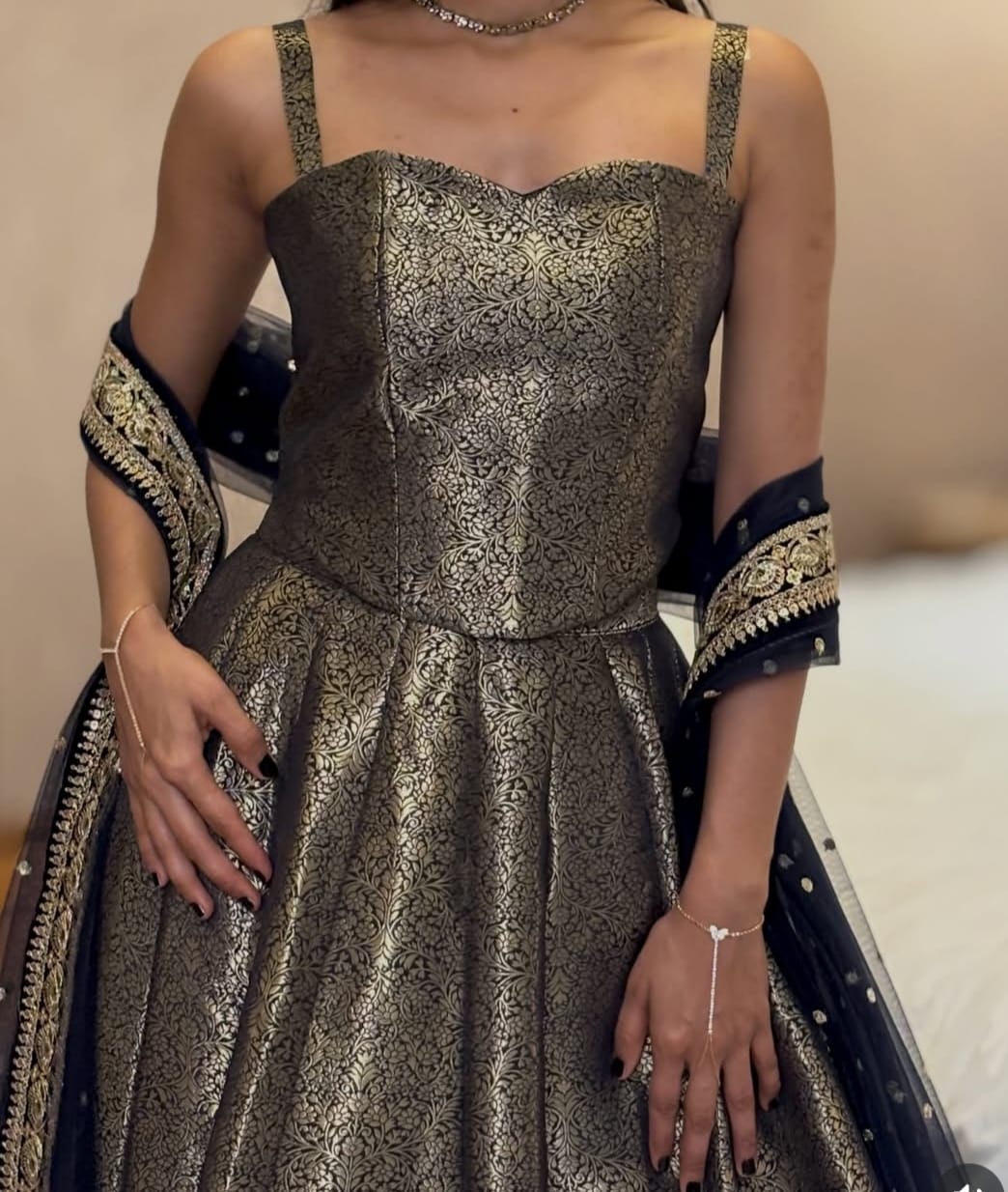 Pure Brocade Sweetheart Neckline Top With Skirt