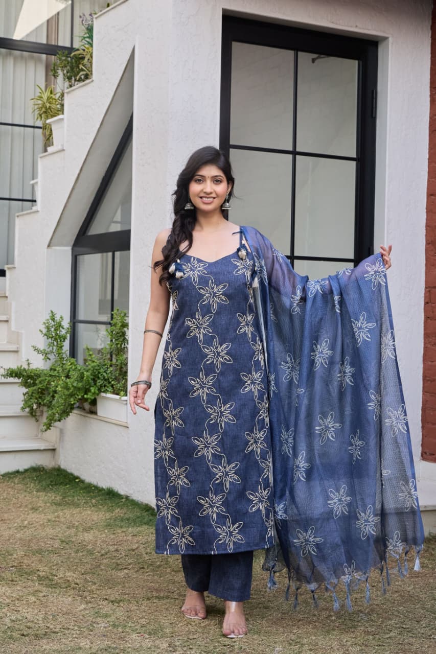 Embroidered Denim-Finish Suit Set