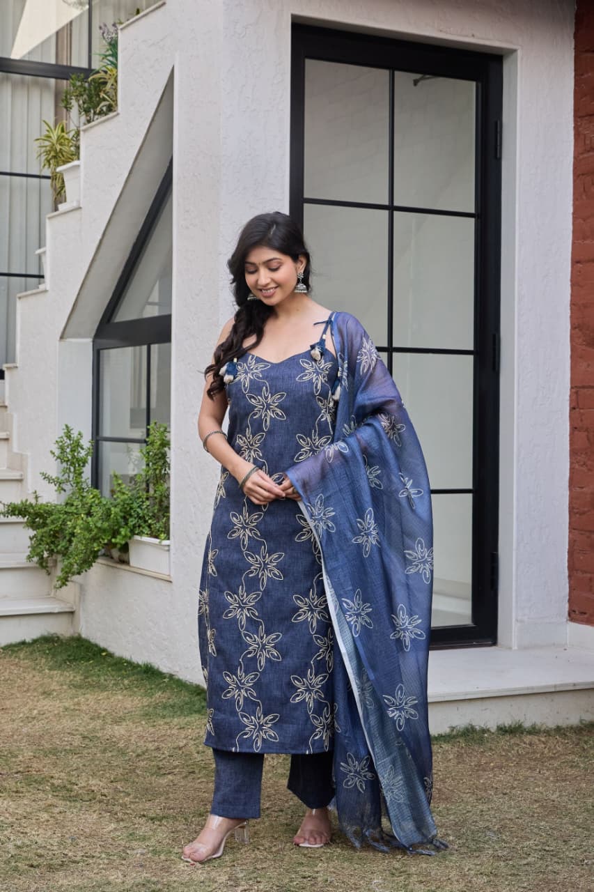 Embroidered Denim-Finish Suit Set