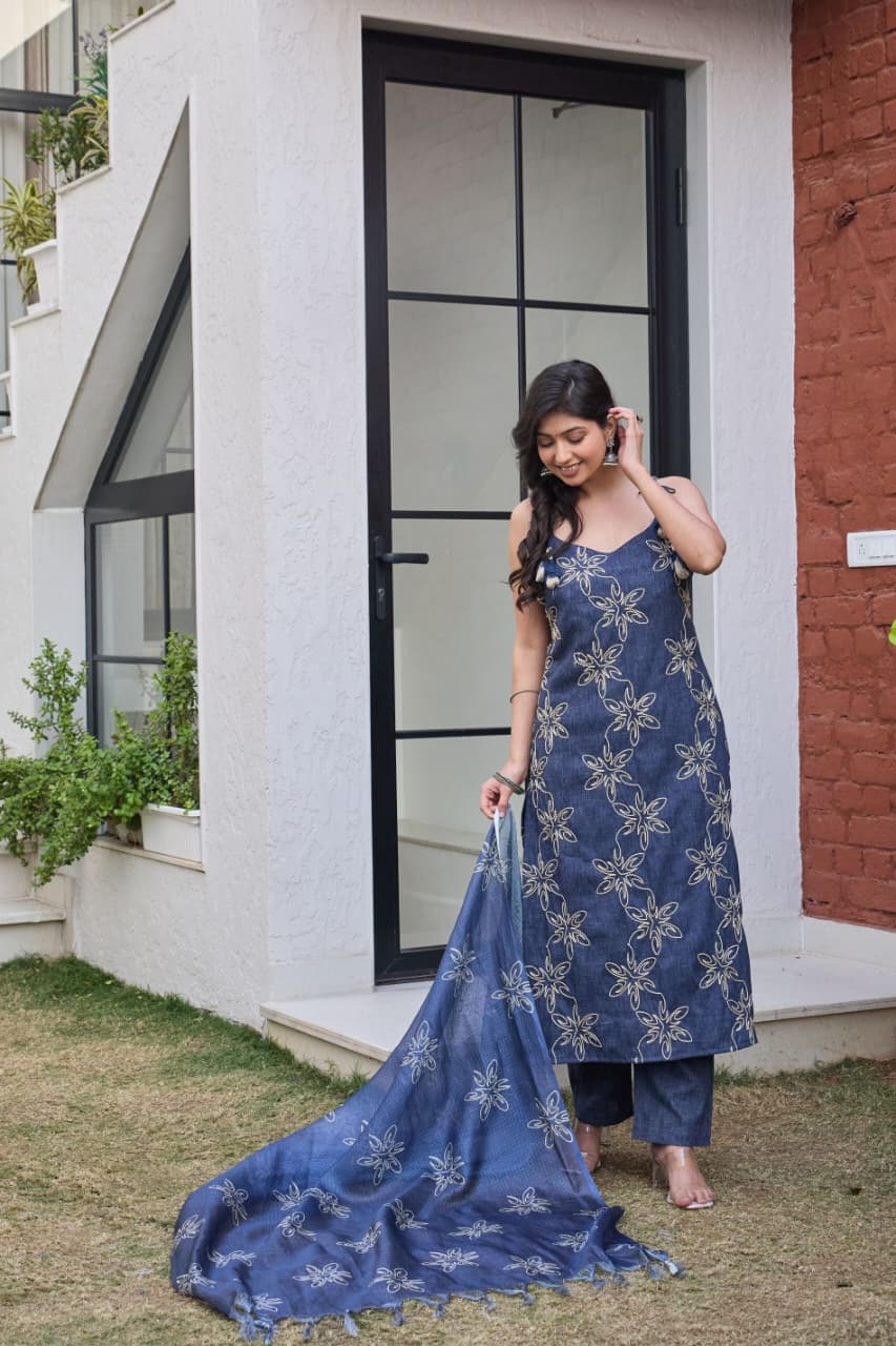 Embroidered Denim-Finish Suit Set