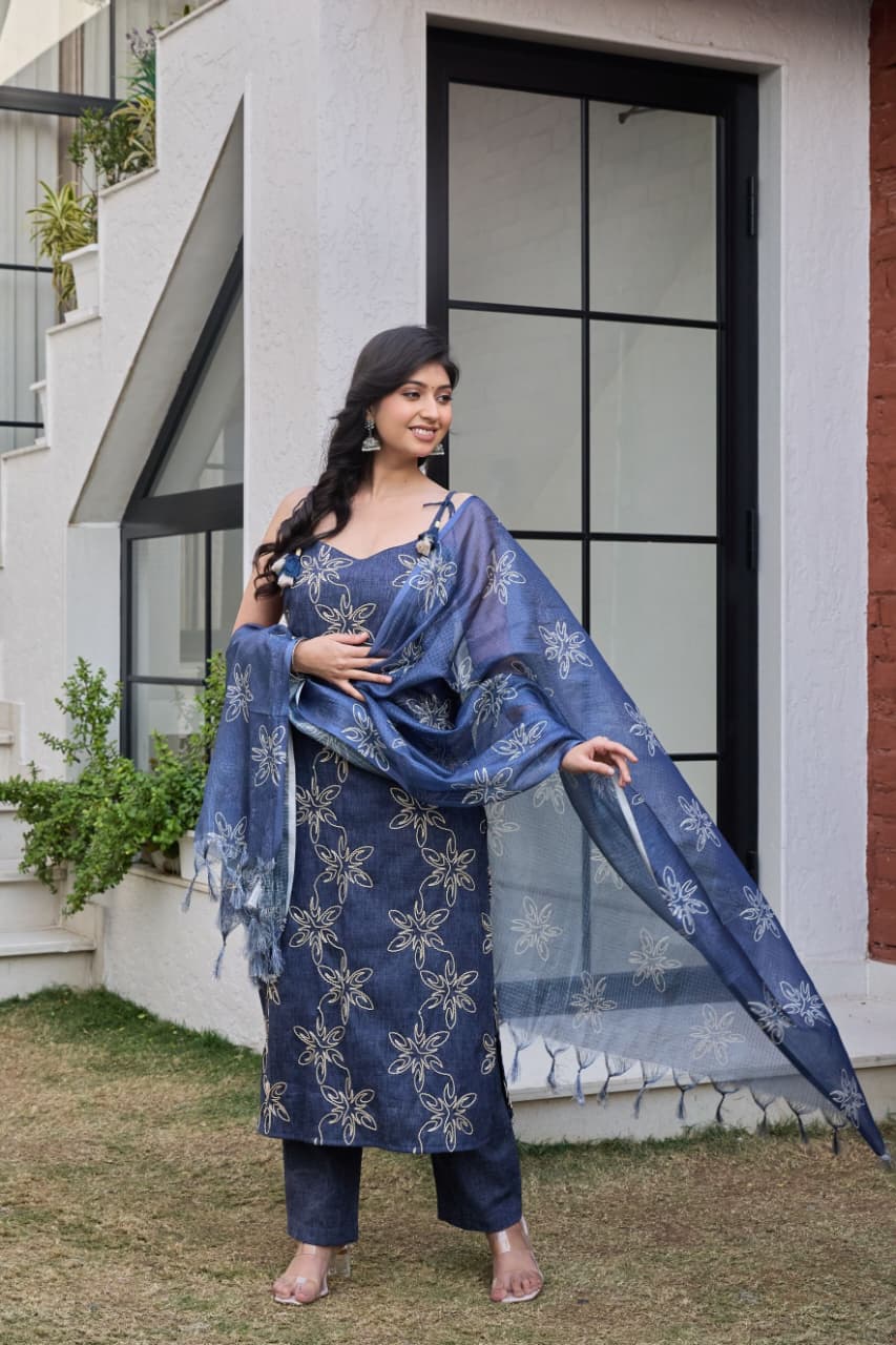 Embroidered Denim-Finish Suit Set