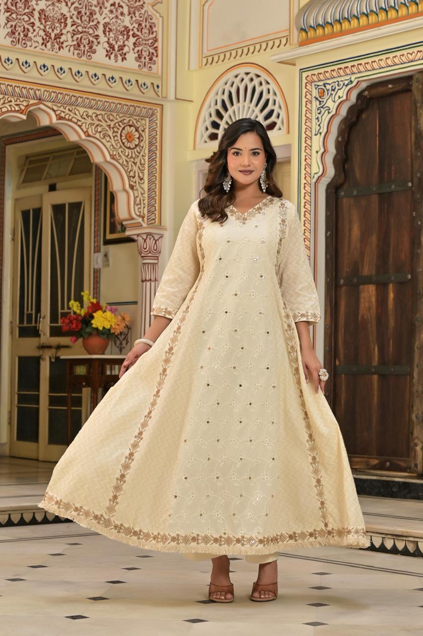 Ivory & Gold Hand-Embroidered Festive cotton Anarkali with Zari Border