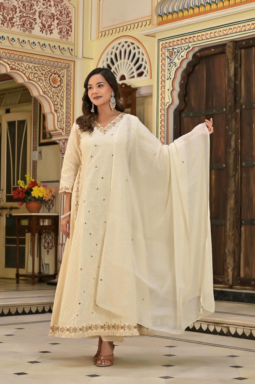 Ivory & Gold Hand-Embroidered Festive cotton Anarkali with Zari Border