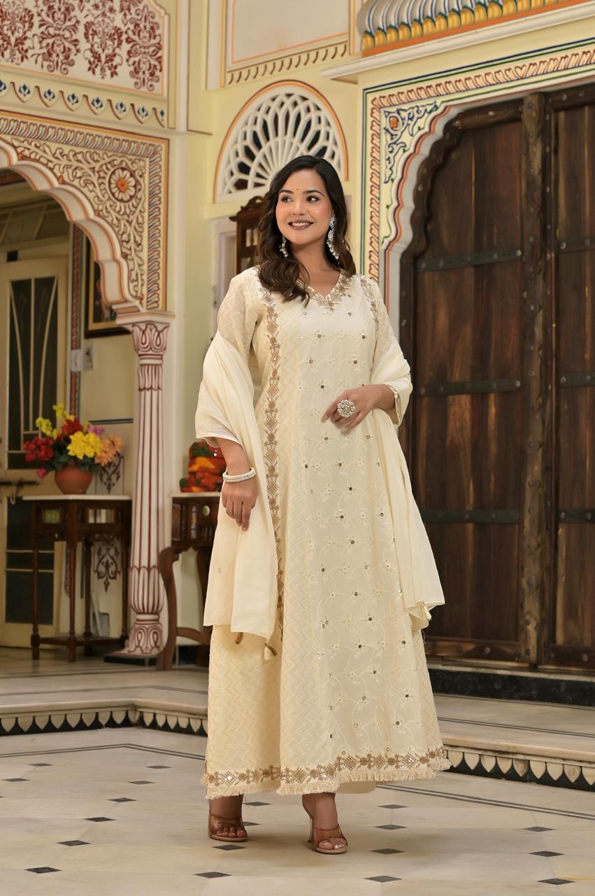 Ivory & Gold Hand-Embroidered Festive cotton Anarkali with Zari Border