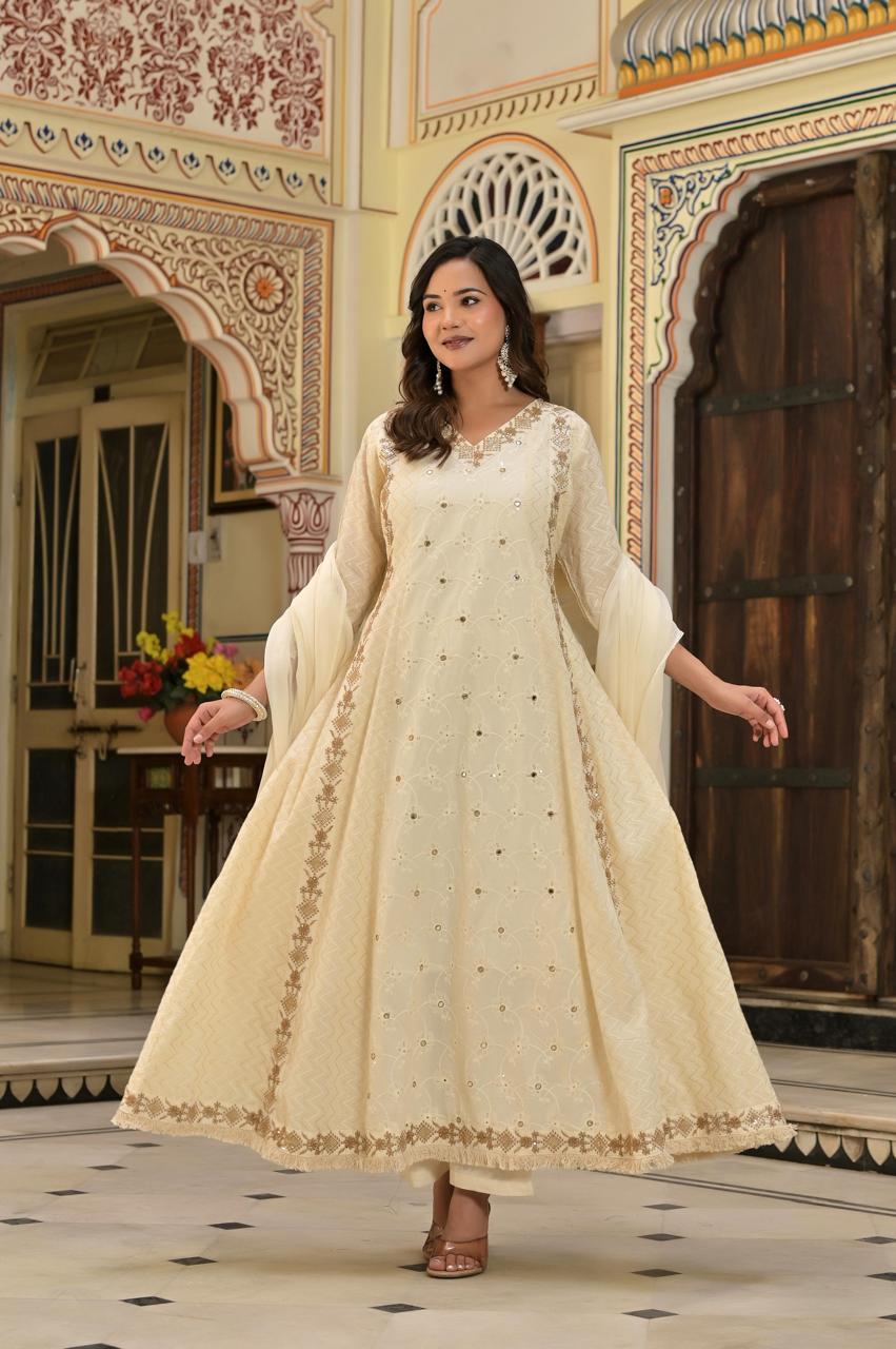 Ivory & Gold Hand-Embroidered Festive cotton Anarkali with Zari Border