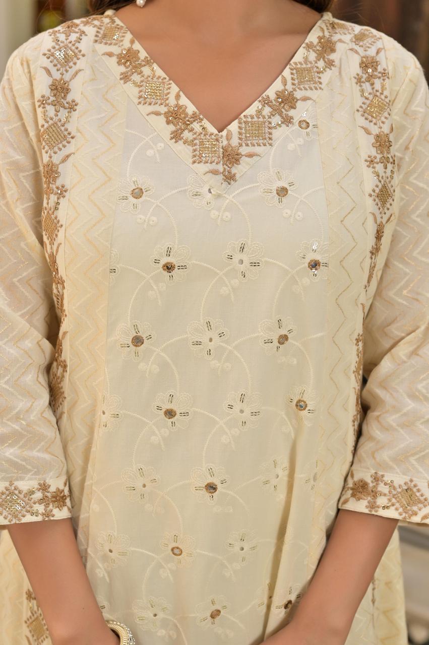 Ivory & Gold Hand-Embroidered Festive cotton Anarkali with Zari Border
