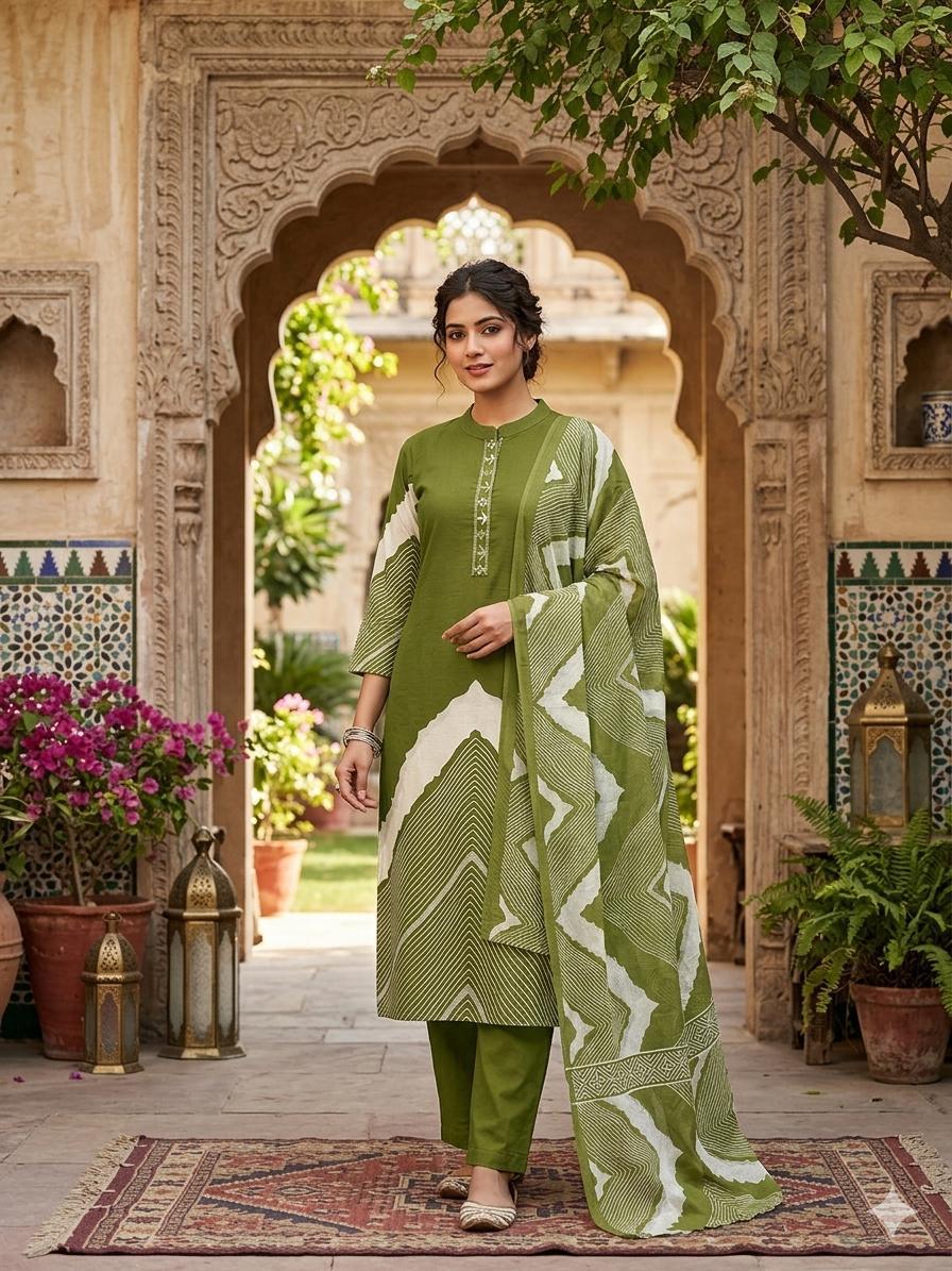 Olive Green Leheriya Print Kurta Set