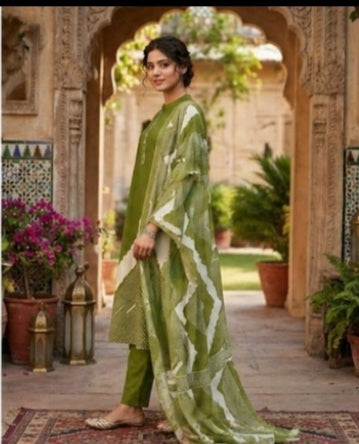 Olive Green Leheriya Print Kurta Set