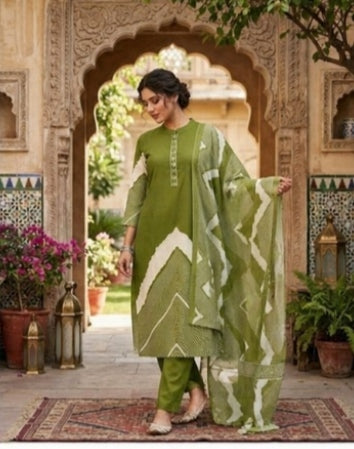 Olive Green Leheriya Print Kurta Set