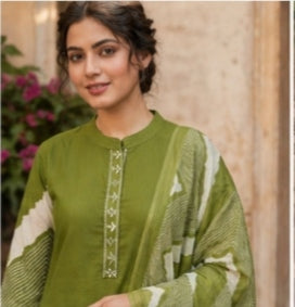 Olive Green Leheriya Print Kurta Set