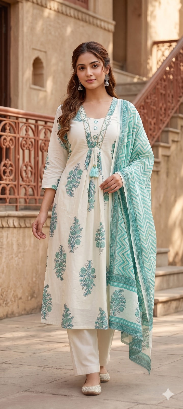Ivory & Sea Green Floral Block Print Anarkali Kurta Set