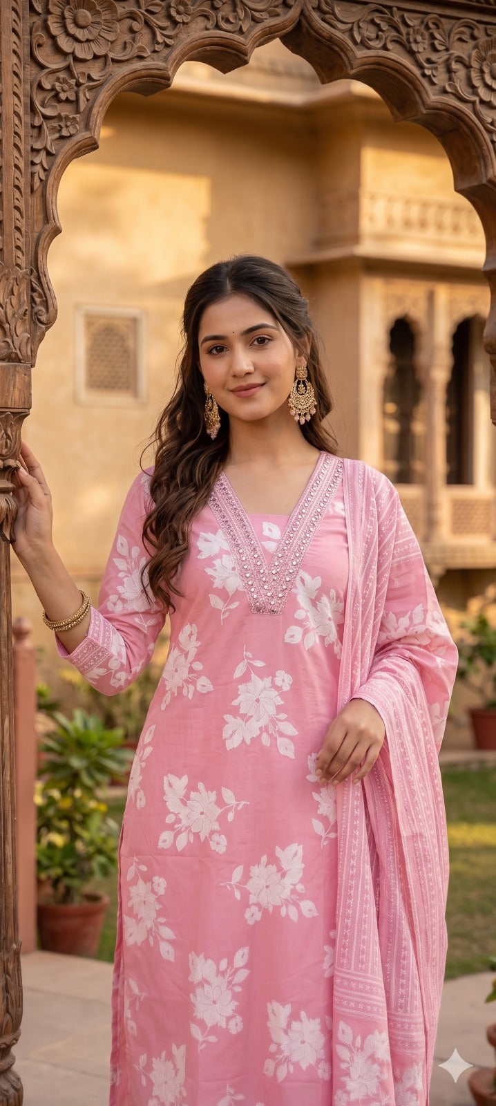 Pastel Pink Floral Printed Kurta Set with Mirror Work Neckline