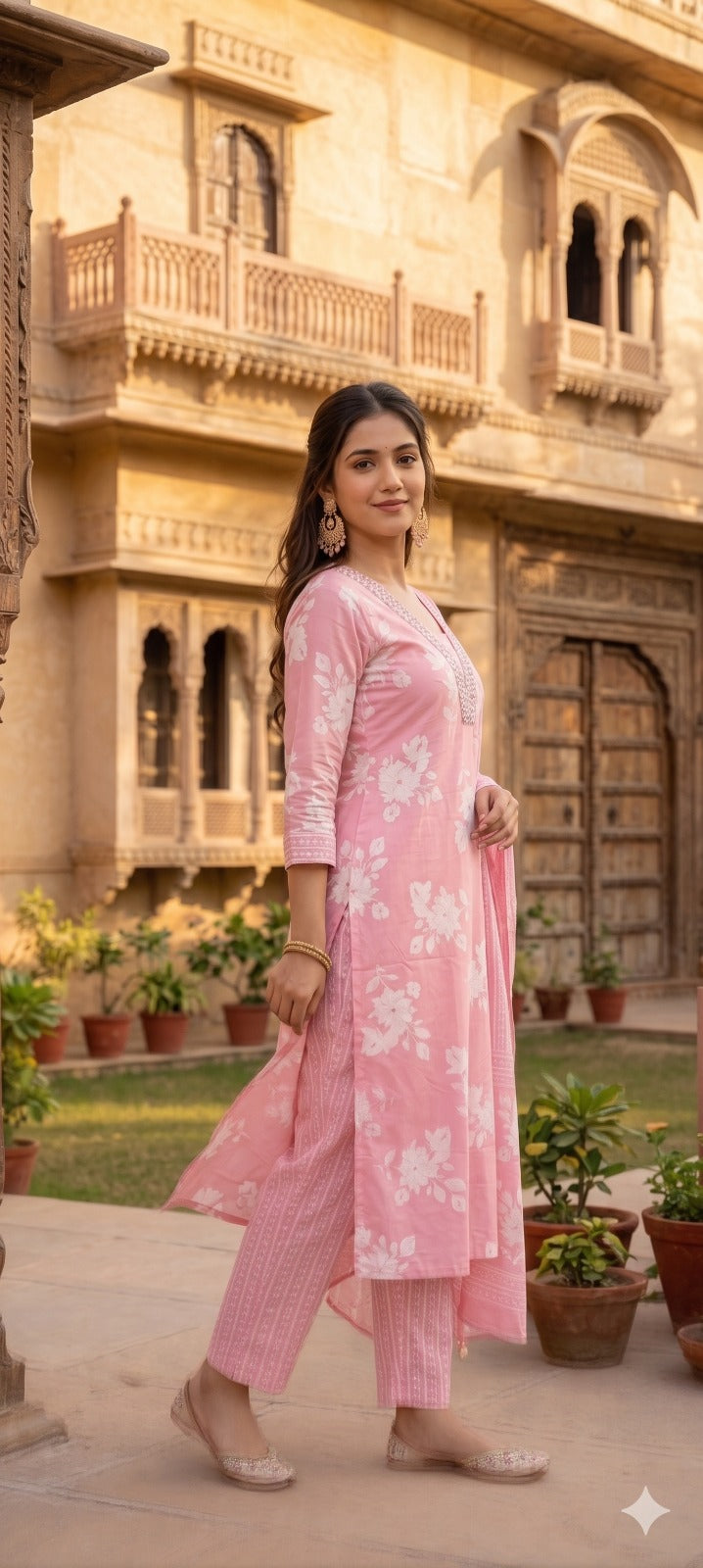 Pastel Pink Floral Printed Kurta Set with Mirror Work Neckline