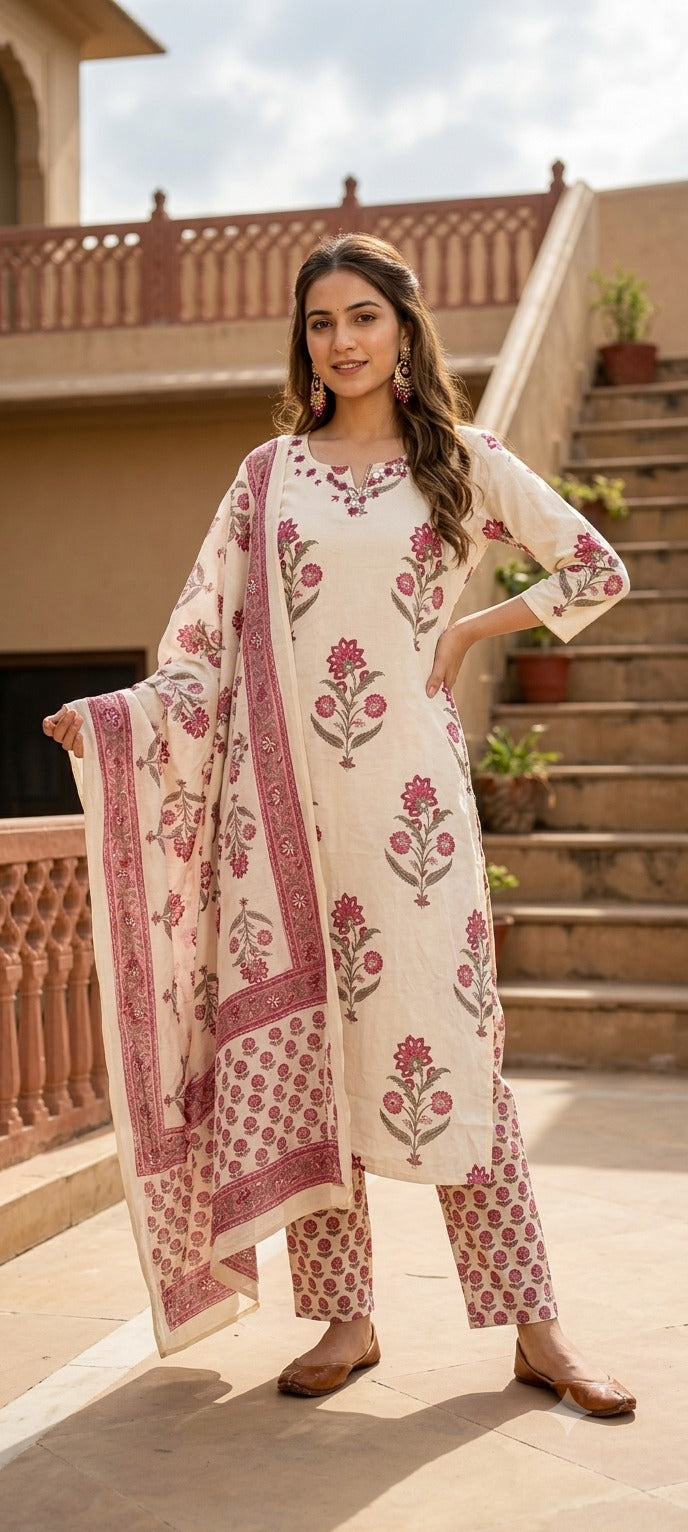 Gulabi Hand-Block Printed 3-Piece Kurta Set