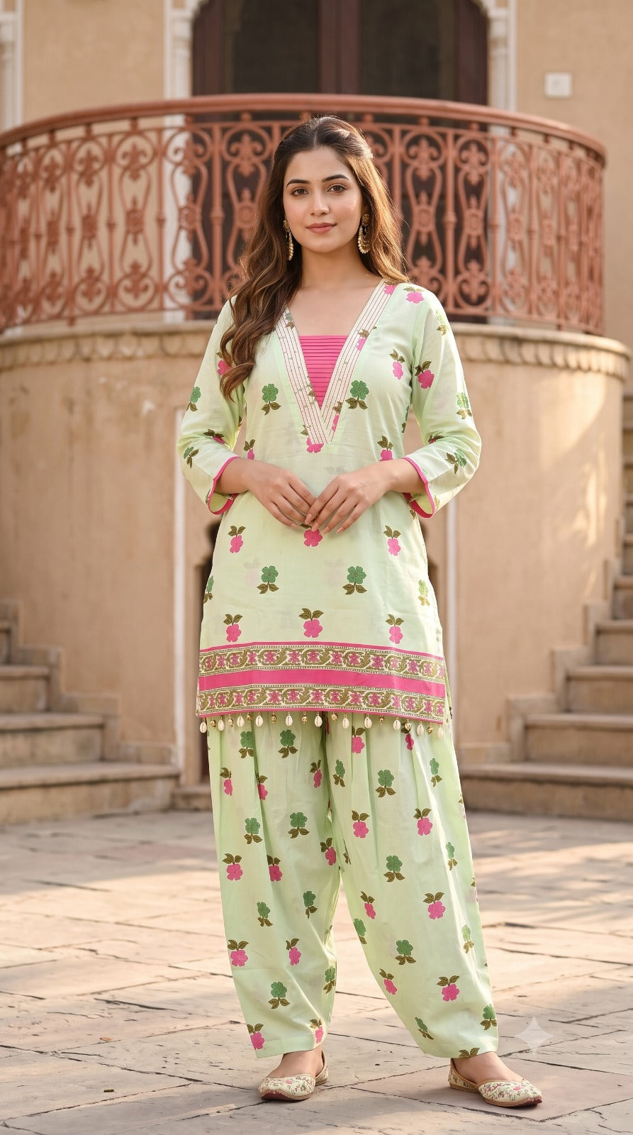 Sage Green Floral Printed Short Kurti with Farsi Pants Co-Ord Set