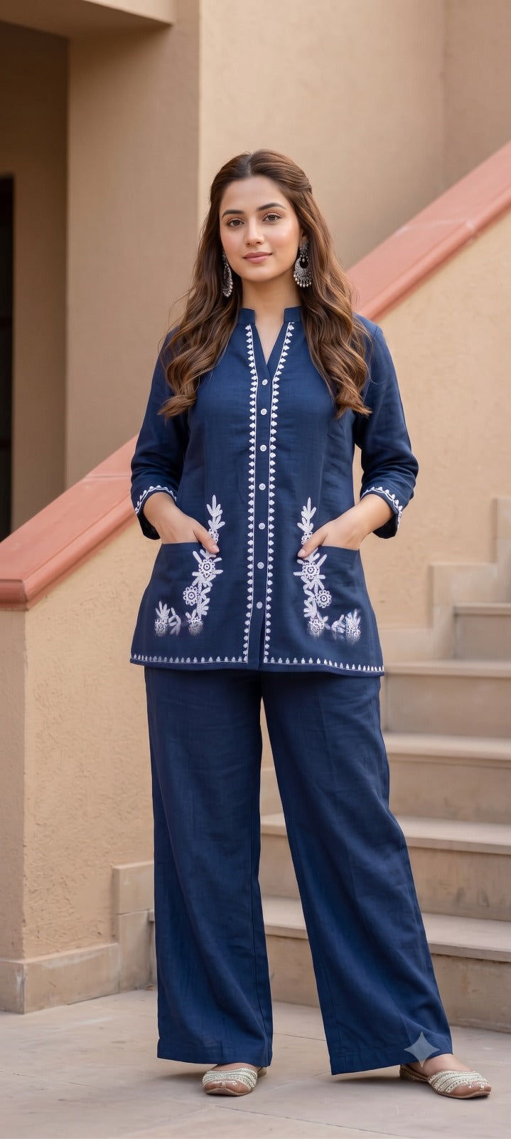 Embroidered Cotton-Linen Co-ord Set with Pockets