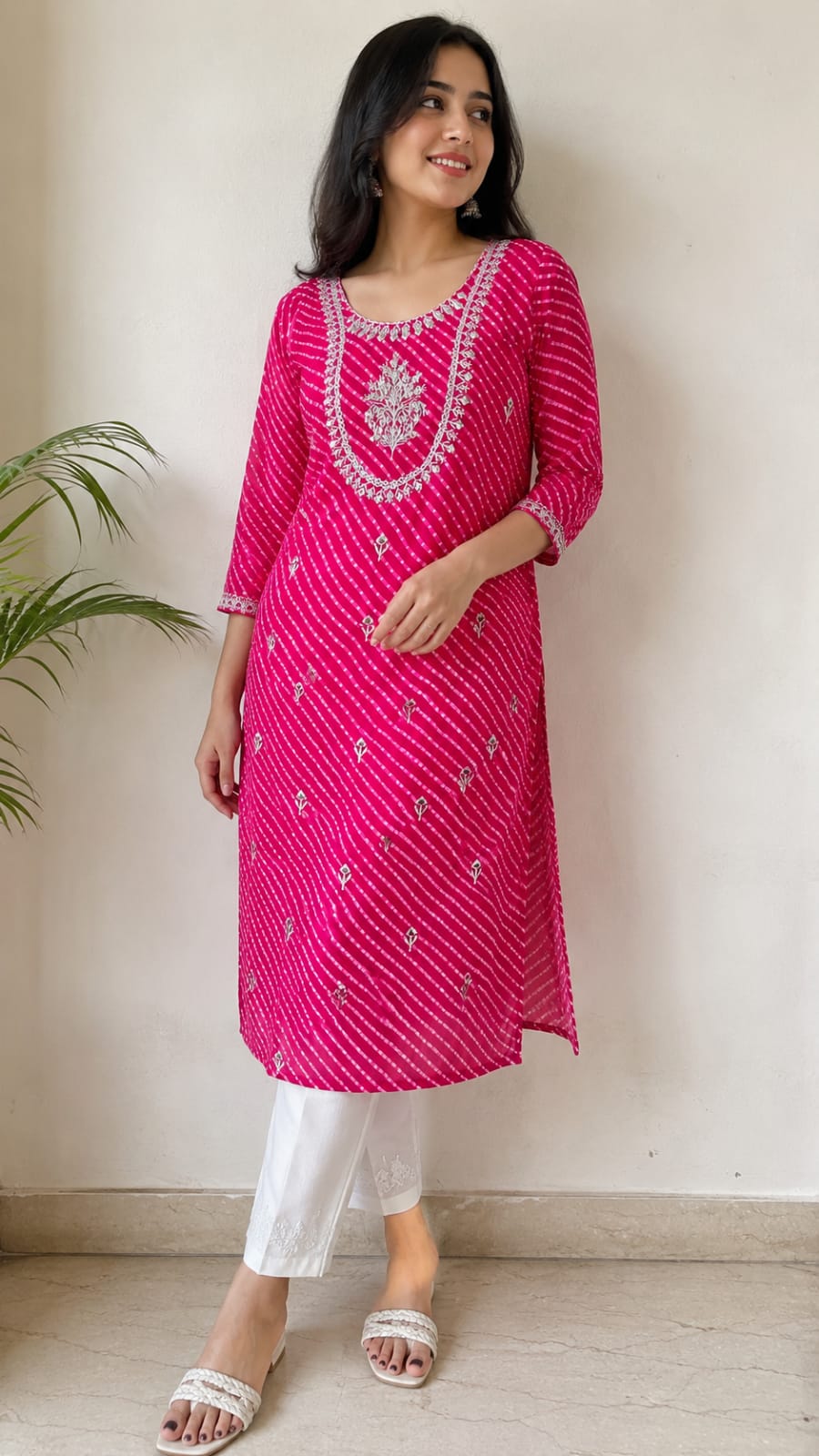 Rani Pink Leheriya Georgette Kurta | Gota Patti & Zari Scoop Neck | Floral Buttis | Jaipur Trendzz