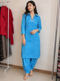 Turquoise Blue Shaded Leheriya Straight Kurta Set with Embroidered Collar