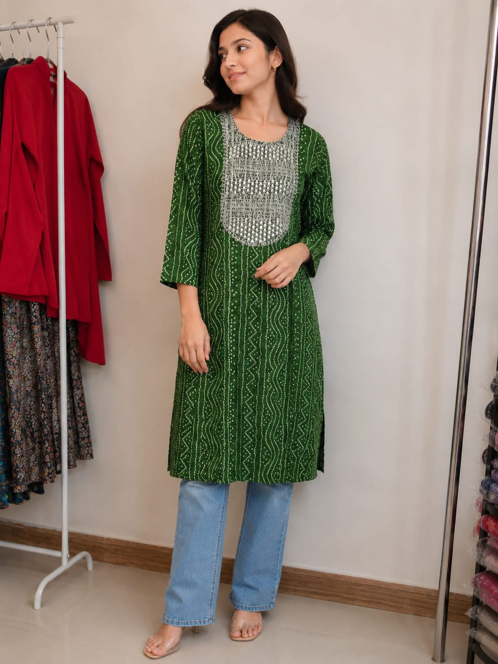 Bandhani Cotton Kurta | Resham Embroidered Yoke with Mirror Work | Jaipur Trendzz